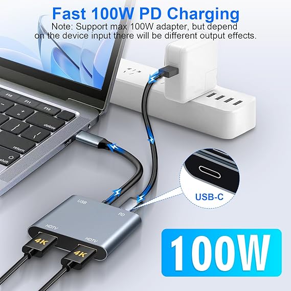 USB C to Dual HDMI Adapter, 4 in 1 HDMI Splitter for Dual Monitors 4K, USB 2.0, PD 100W, Type C to Dual Monitors Adapter Multiport, USB C Hub 4K@60Hz for MacBook Pro/Air/iPad/Surface/Dell Secondary image