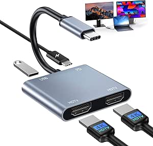 USB C to Dual HDMI Adapter, 4 in 1 HDMI Splitter for Dual Monitors 4K, USB 2.0, PD 100W, Type C to Dual Monitors Adapter Multiport, USB C Hub 4K@60Hz for MacBook Pro/Air/iPad/Surface/Dell - Dual HDMI Adapter - British D'sire Main image