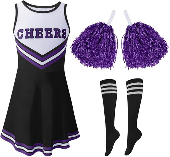 Valcatch Girls Cheerleading Uniform Outfit Halloween Cheerleader Clothes Sets with Pom pom and Tube Socks for 3 - 12Y - Uniform Sets - British D'sire Main image