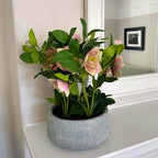 Variegated Pink Hellebore Plant In Grey Pot Artificial Flower Stem - Artificial Plants & Trees - British D'sire