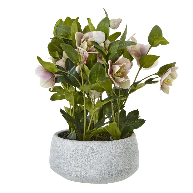 Variegated Pink Hellebore Plant In Grey Pot Artificial Flower Stem - Artificial Plants & Trees - British D'sire