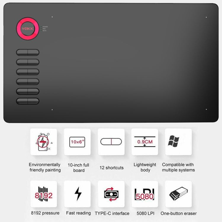 VEIKK A15 10x6 inch 5080 LPI Smart Touch Electronic Graphic Tablet, with Type - C Interface(Red) - British D'sire