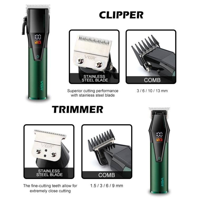 VGR V - 677 LED Digital Display Electric Hair Clipper & Trimmer Set(Green) - British D'sire