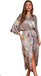 Viaan Floral Elegance Women's Satin Dressing Gown – Long Silk Kimono Robe for Sleepwear | Loose Fit with Flower Print Design | Luxurious and Lightweight Loungewear for Comfort and Style - Kimonos - British D'sire
