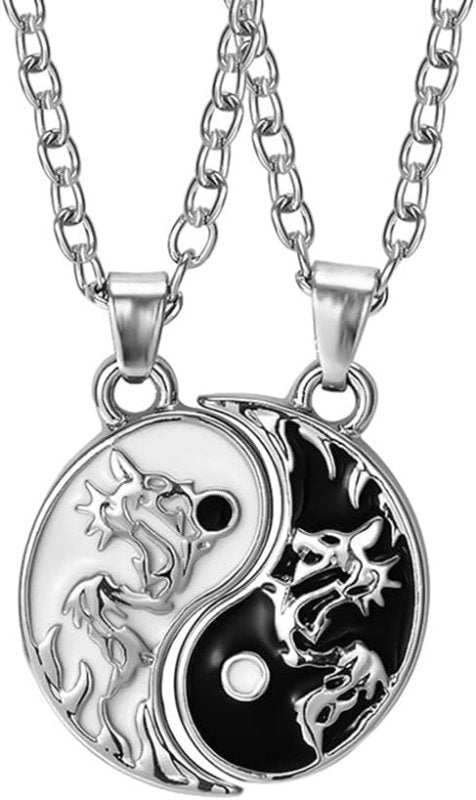 Viaan Set of 2 Yin Yang Pair Necklaces, Taichi BFF Chain, Friendship Chains, Ying Yang Pendant Chain, Dragon Carving Jewellery Chains for Best Friends, Lovers and Couple Gifts, Metal