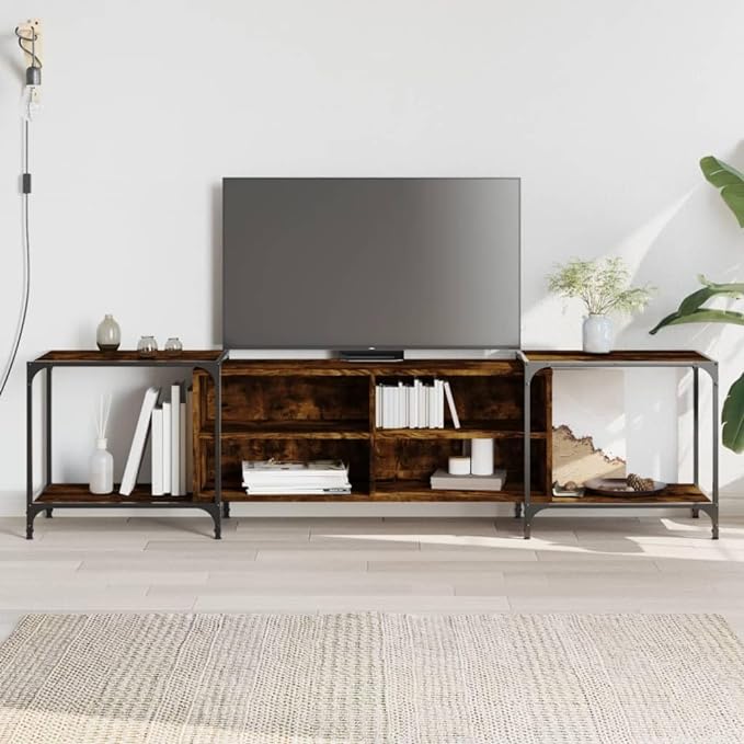 vidaXL Smoked Oak TV Cabinet – Adjustable, Engineered Wood Media Console with Well-Organised Shelves, Display Area and Metal Frame for Living Room and Bedroom - British D'sire