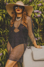 Viscose Metallic Tassel Beach Coverup in Black - Kimonos - British D'sire