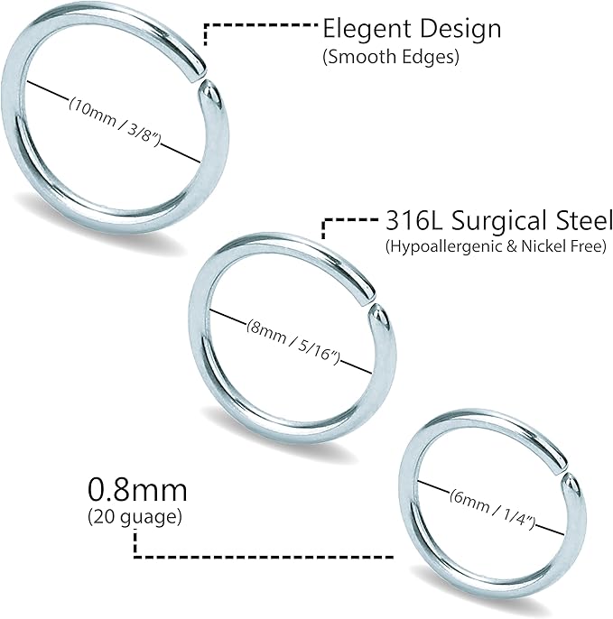 Vyizerr 3‑Pack 316L Steel Nose Hoops – 20G (6/8/10 mm) Secondary image