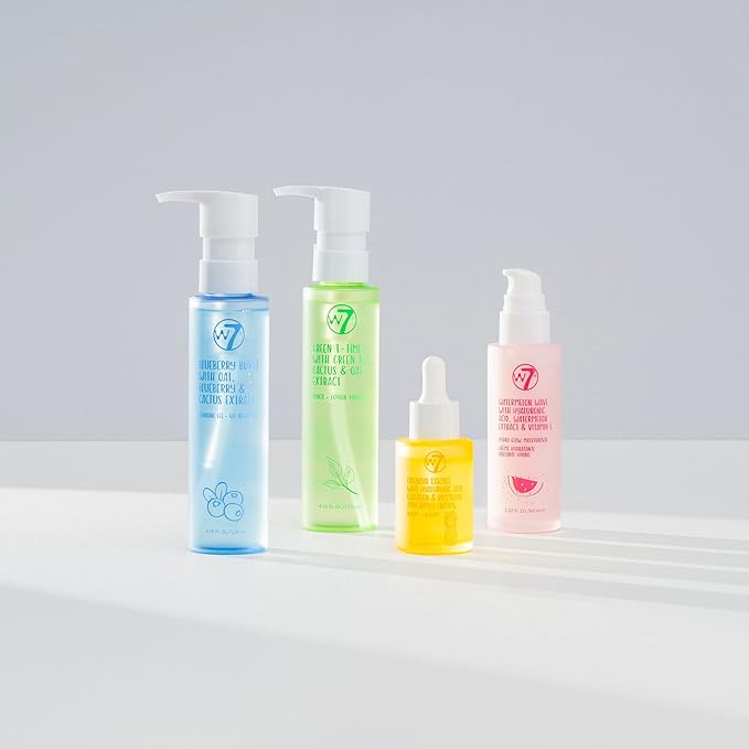 W7 Skin Refresh Essential Full Size Natural Skin Care Kit for Beautiful Skin - 4 Step Daily Routine - Moisturiser, Cleansing Gel, Toner and Serum - British D'sire