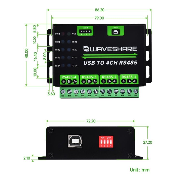 Waveshare 25219 Industrial USB To 4Ch RS485 Converter Secondary image