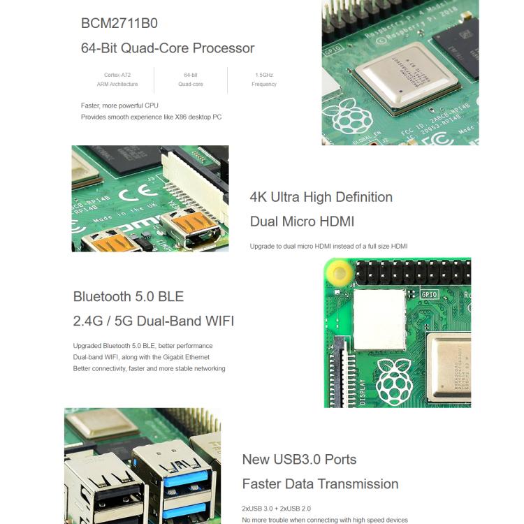 Waveshare For Raspberry Pi 4 Model 4GB BCM2711B0 64 - Bit Quad - Core 4K Dual Mini HDMI For DIY, IoT, Python Development - British D'sire