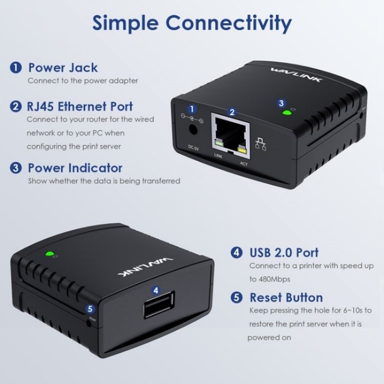 WAVLINK NU72P11 100Mbps Network Print Server USB 2.0 Network Printer Power Adapter(AU Plug) Secondary image