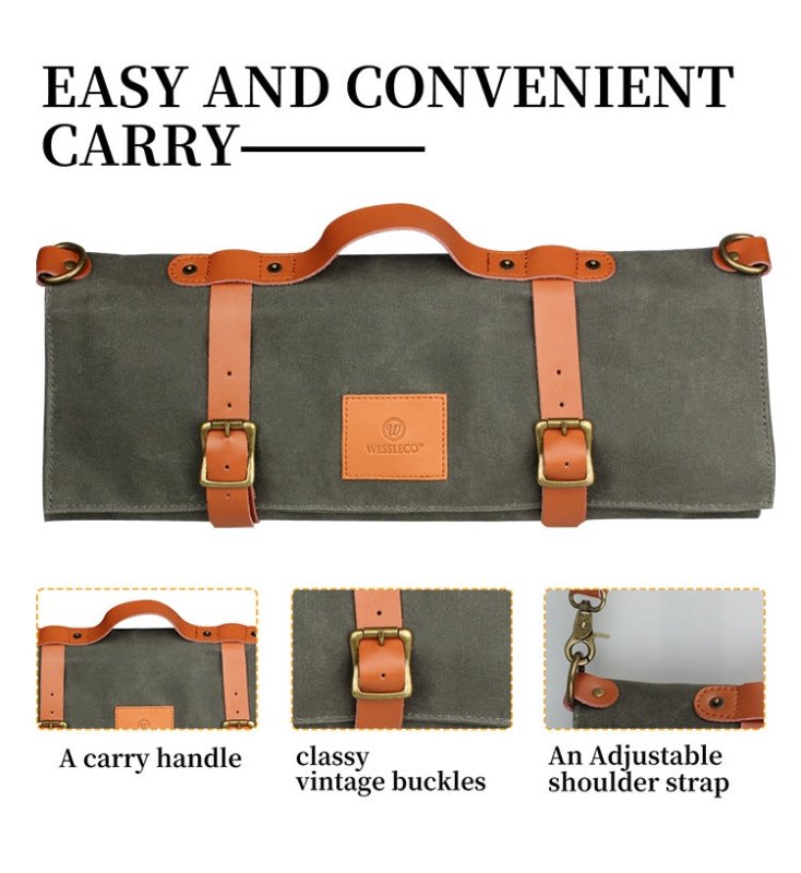 WESSLECO Canvas Roll Chef Knife Storage Bag(Army Green) - British D'sire