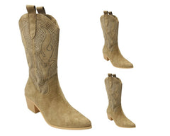 Western Cowboy Diamante Mid Calf Boots - Boots - British D'sire