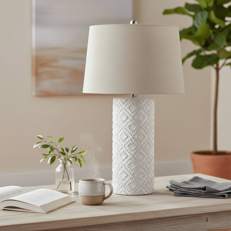 White Beaded Ceramic Lamp With Linen Shade - Lamps - British D'sire
