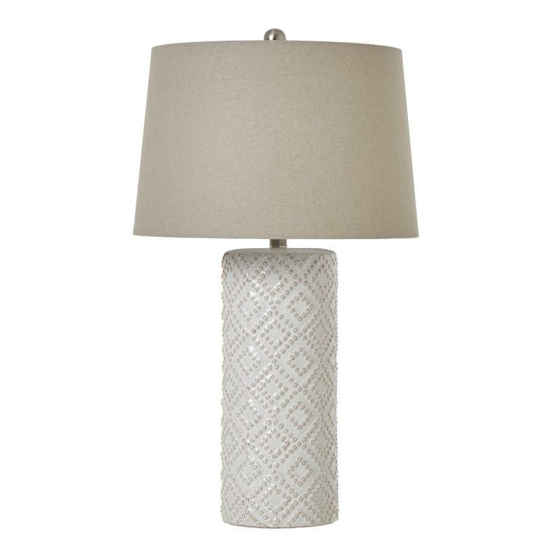 White Beaded Ceramic Lamp With Linen Shade - Lamps - British D'sire