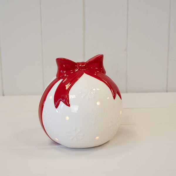 White Christmas Bauble with Red Bow - Christmas Decor - British D'sire