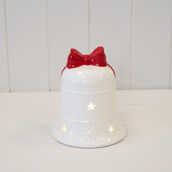 White Christmas Bell with Red Bow LED - Christmas Decor - British D'sire