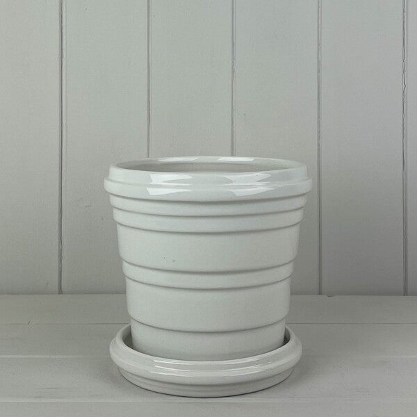 White Ribbed Ceramic Pot And Saucer - Plant Pot - British D'sire