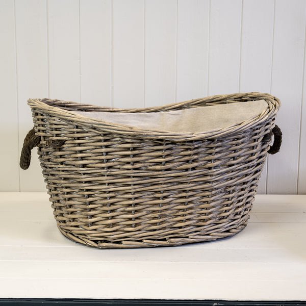 Willow Oval Scooped Topped Log Basket with Hessian Liner and Rope Handles - Home Decor - British D'sire