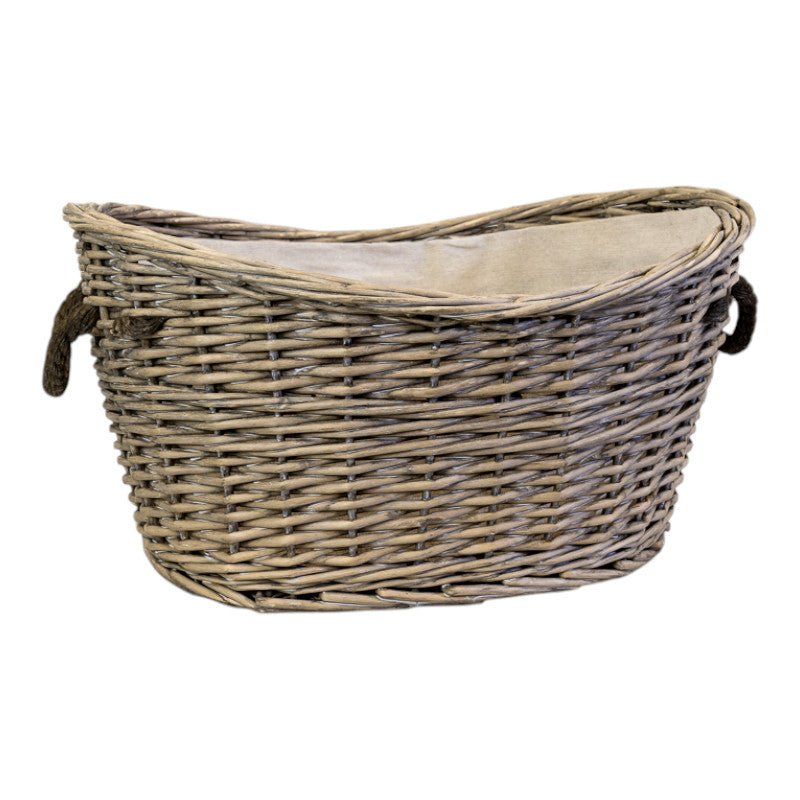 Willow Oval Scooped Topped Log Basket with Hessian Liner and Rope Handles - Home Decor - British D'sire Main image