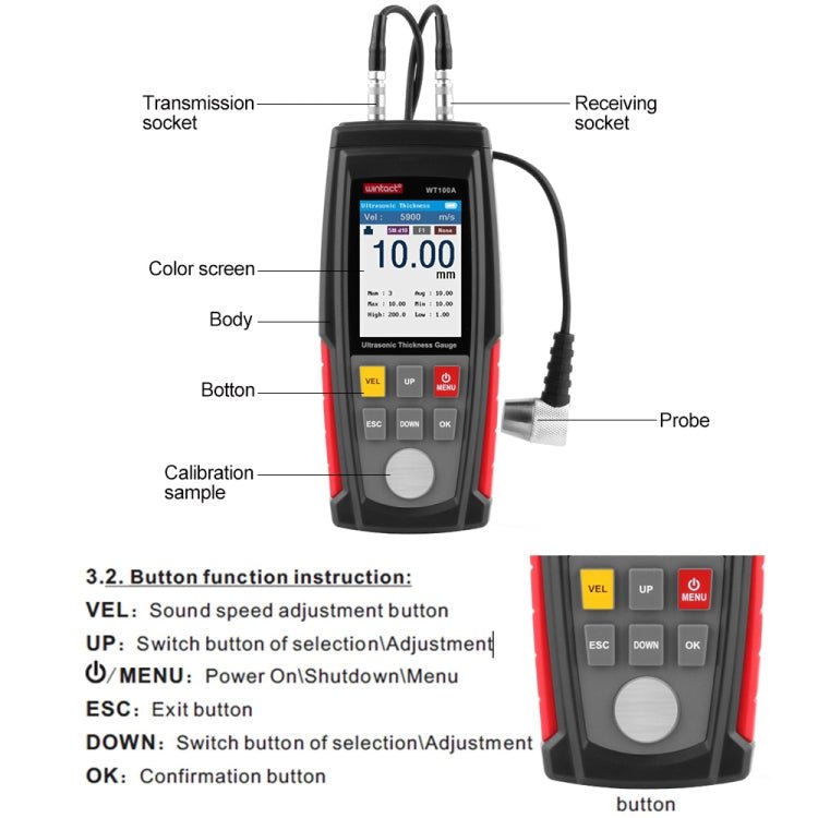 Wintact WT100A Digital Ultrasonic Thickness Gauge Meter Tester USB Charging Digital Thickness Metal Tester High Precision - British D'sire