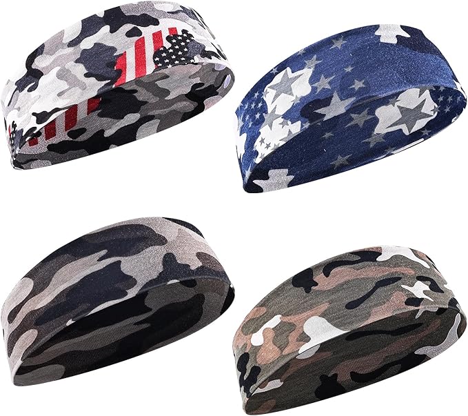 WLLHYF Kids Sports Headbands, 4 Pack Athletic Sweatbands Headband for Boys Camouflage Sport Headband Sweat Absorbing Elastic Hairband - British D'sire Main image