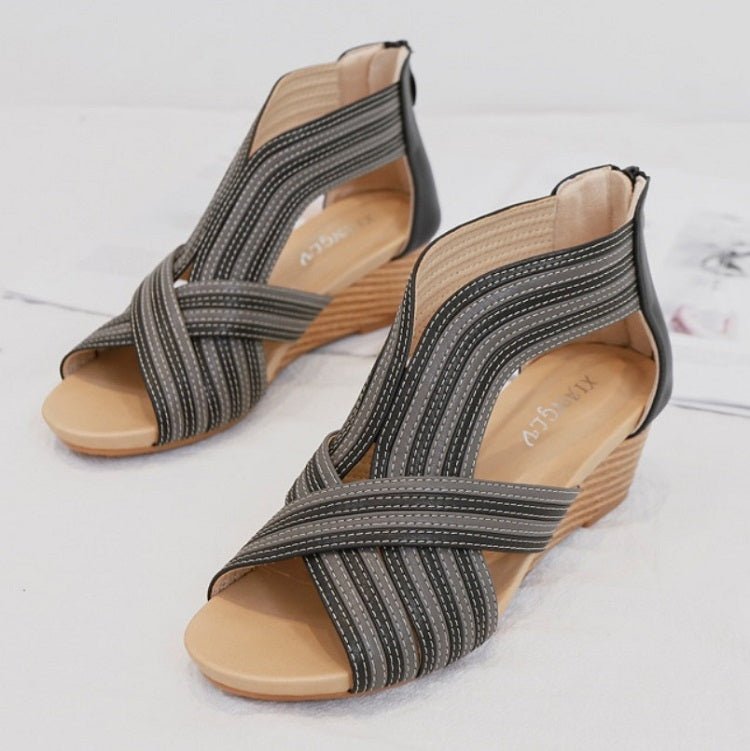 Women Summer Slope Heel Sandals Fashion Bohemian Style Fish Mouth Shoes, Size: 41(Black) - British D'sire