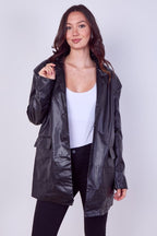 Women's Black Casual PU Faux Leather Turndown Collar Shacket with Button Front - Long Sleeve Oversized Blazer Outwear Coat for Bike, Motor, Party, Office, Jacket with Pockets - Coat - British D'sire