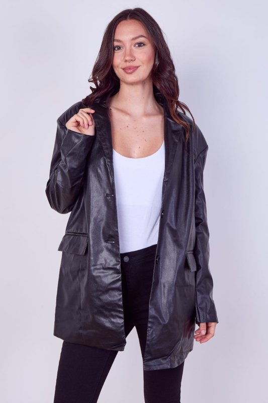 Women's Black Casual PU Faux Leather Turndown Collar Shacket with Button Front - Long Sleeve Oversized Blazer Outwear Coat for Bike, Motor, Party, Office, Jacket with Pockets - Coat - British D'sire