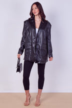 Women's Black Casual PU Faux Leather Turndown Collar Shacket with Button Front - Long Sleeve Oversized Blazer Outwear Coat for Bike, Motor, Party, Office, Jacket with Pockets - Coat - British D'sire