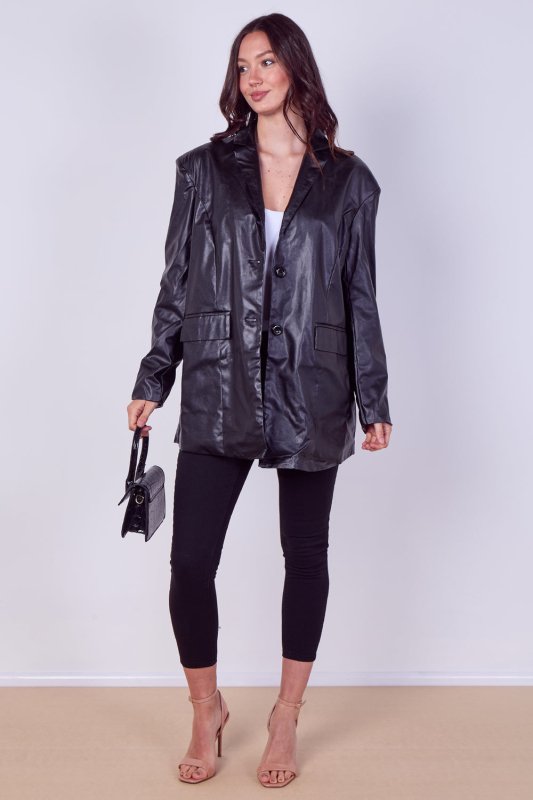 Women's Black Casual PU Faux Leather Turndown Collar Shacket with Button Front - Long Sleeve Oversized Blazer Outwear Coat for Bike, Motor, Party, Office, Jacket with Pockets - Coat - British D'sire