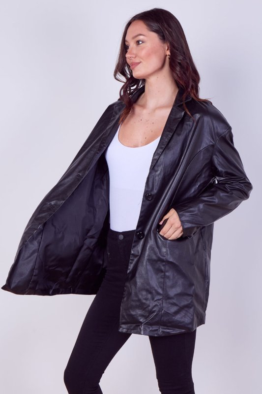 Women's Black Casual PU Faux Leather Turndown Collar Shacket with Button Front - Long Sleeve Oversized Blazer Outwear Coat for Bike, Motor, Party, Office, Jacket with Pockets - Coat - British D'sire