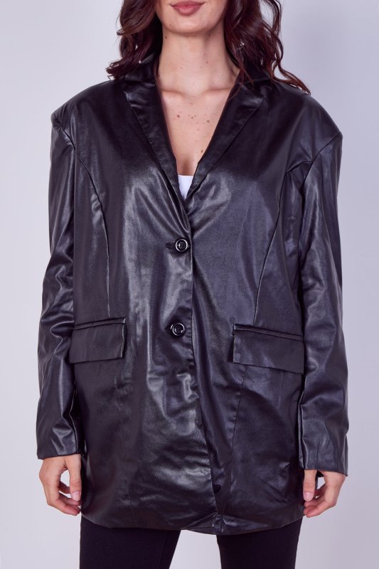 Women's Black Casual PU Faux Leather Turndown Collar Shacket with Button Front - Long Sleeve Oversized Blazer Outwear Coat for Bike, Motor, Party, Office, Jacket with Pockets - Coat - British D'sire