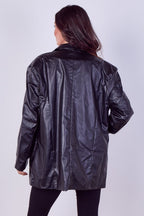 Women's Black Casual PU Faux Leather Turndown Collar Shacket with Button Front - Long Sleeve Oversized Blazer Outwear Coat for Bike, Motor, Party, Office, Jacket with Pockets - Coat - British D'sire