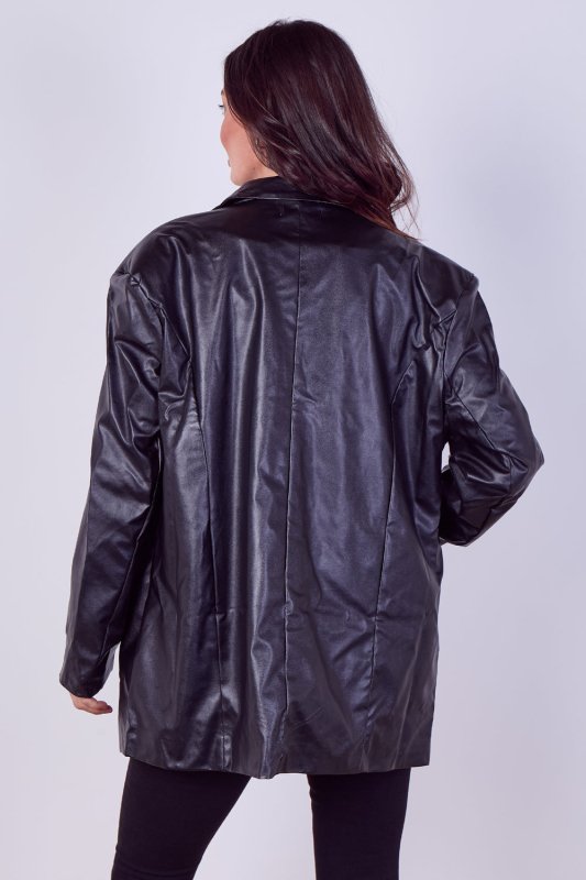 Women's Black Casual PU Faux Leather Turndown Collar Shacket with Button Front - Long Sleeve Oversized Blazer Outwear Coat for Bike, Motor, Party, Office, Jacket with Pockets - Coat - British D'sire