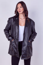 Women's Black Casual PU Faux Leather Turndown Collar Shacket with Button Front - Long Sleeve Oversized Blazer Outwear Coat for Bike, Motor, Party, Office, Jacket with Pockets - Coat - British D'sire