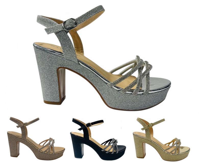 Women's Block Heel Platform Diamante Glitter Shoes - Heels - British D'sire