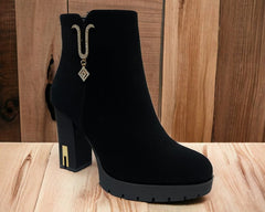 Women's Block High Heels Zip Ankle Boots - Boots - British D'sire