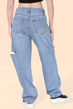 Women’s Denim Blue High Waist Loose Baggy Boyfriend Flared Jeans with Side Slim Cut Knees - Classic Vintage Tapered Denim Pants Casual Streetwear - Jeans - British D'sire