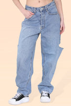 Women’s Denim Blue High Waist Loose Baggy Boyfriend Flared Jeans with Side Slim Cut Knees - Classic Vintage Tapered Denim Pants Casual Streetwear - Jeans - British D'sire