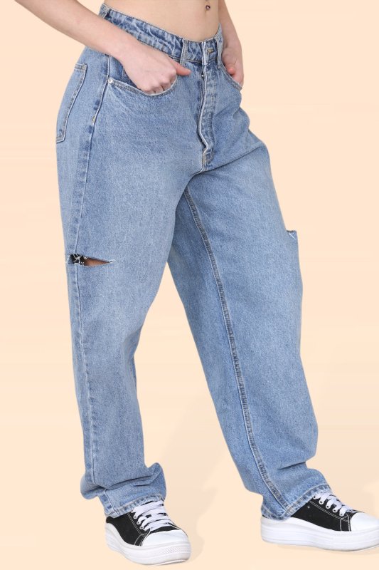Women’s Denim Blue High Waist Loose Baggy Boyfriend Flared Jeans with Side Slim Cut Knees - Classic Vintage Tapered Denim Pants Casual Streetwear - Jeans - British D'sire