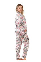 Women's Floral Satin Pajama Set with Pockets - Long Sleeve Button - Up Top and Full - Length Pants - Loungewear - British D'sire