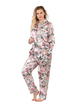 Women's Floral Satin Pajama Set with Pockets - Long Sleeve Button - Up Top and Full - Length Pants - Loungewear - British D'sire
