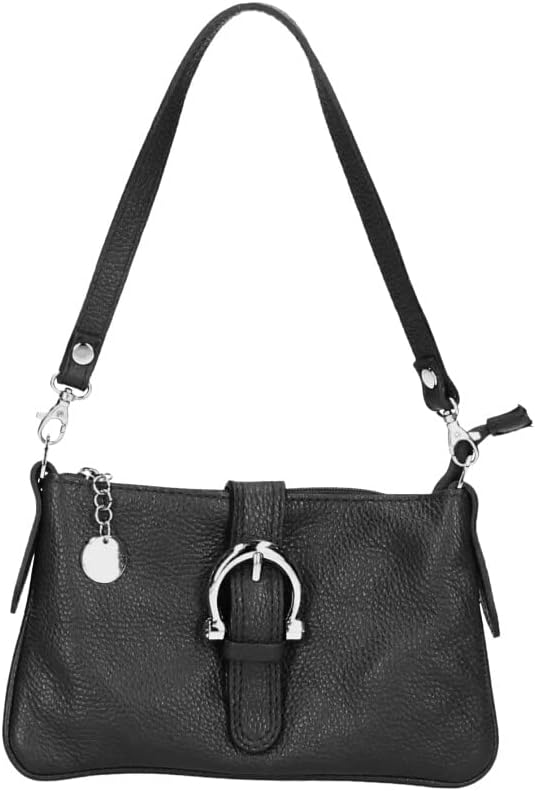 Women's Italian Leather Shoulder Handbag with Detachable Strap - Hollie - Black - Leather Handbag - British D'sire Main image