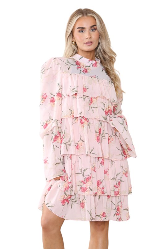 Women's Peach Pink Mock Neck Floral Flowy Ruffle Pleated Layered Mini Short Dress - Casual Elegant Double-Layered Puffed Bell Sleeve Swing Smocked Sundress for Holidays and Beach Secondary image