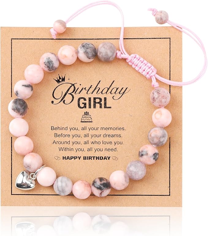 Xialvyu Girl Birthday Gifts, Bracelets for Teenage Girls, Pink Natural Stone Bracelet Gifts for Teenage Girls with Heart Charm for Girls - Kids Jewellery - British D'sire Main image