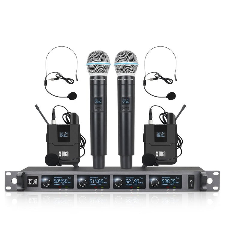 XTUGA A140 - HB Wireless Microphone System 4 Channel Handheld Lavalier Headset Microphone(US Plug) - British D'sire