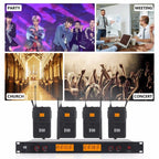 XTUGA A400 - B Professional 4 - Channel UHF Wireless Microphone System with 4 BodyPack Lavalier Headset Microphone(EU Plug) - British D'sire