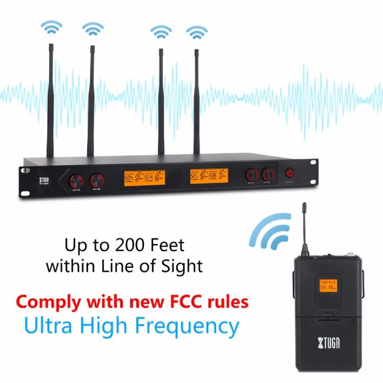 XTUGA A400 - B Professional 4 - Channel UHF Wireless Microphone System with 4 BodyPack Lavalier Headset Microphone(UK Plug) - British D'sire
